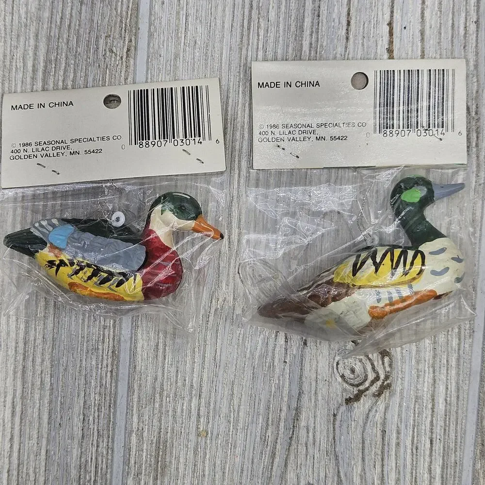 Vintage 1986 Duck Ornament Pair Hand Painted Christmas Decoration Seasonal Lot‎